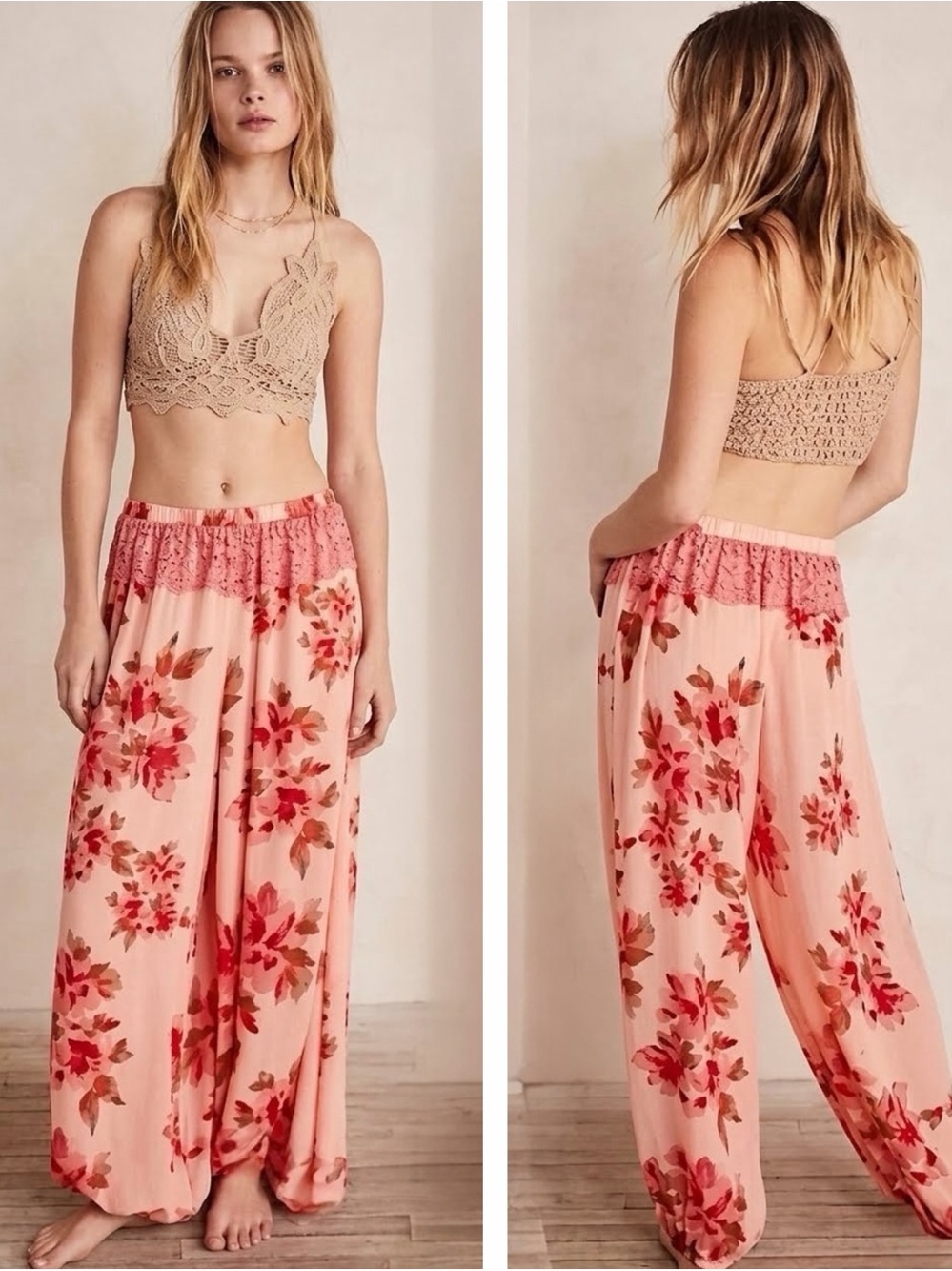 NWOT Free People Intimately Monday Morning Floral Lace Lounge Pants Small Peach
